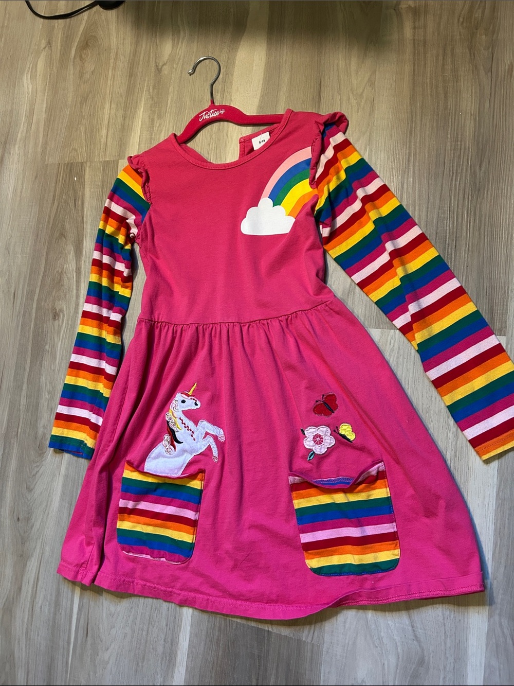 Mini Boden Dupe - Rainbow Unicorn Pocket Dress - Long Sleeve 8-9